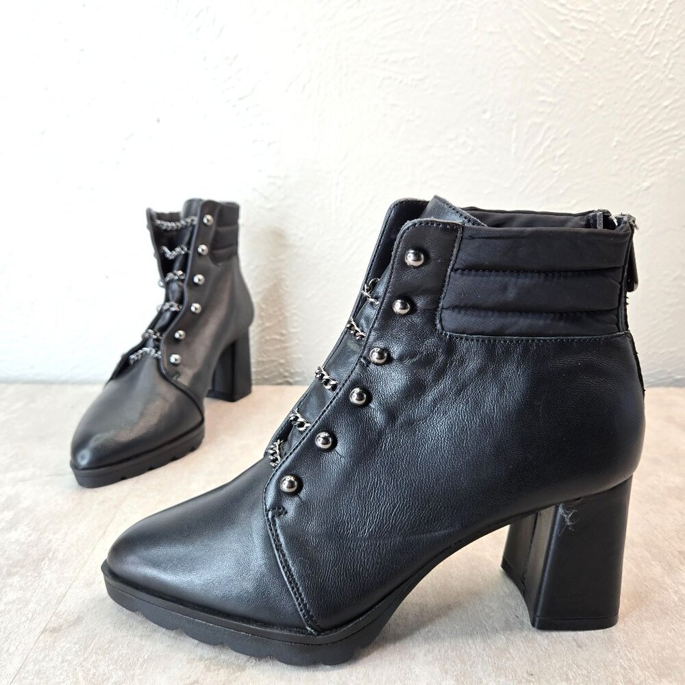 Block Heel Ankle Boots Sz 6.5 Black Leather Chain Pointed Toe Goth Grunge Bootie